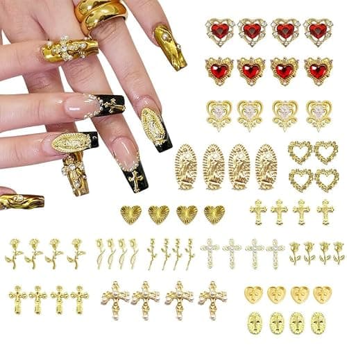 64pcs Gold Nail Charms Set with Gold Cross, Hearts, Rose, and Virgin Mary - Y2K 3D Chrome Nail Decorations - Image 1