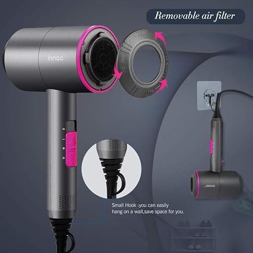 CASAMAA Professional Ionic Hair Dryer Powerful AC Motor Quick Drying with 2 Speed 3 Heat Setting, Cool Shot Button with 1 Diffuser & 2 Concentrator, Hairdryers for Women Man - Rose Pink thumbnail 5