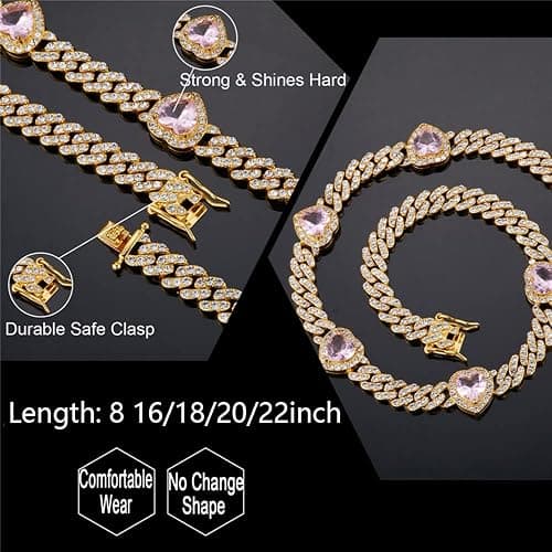 Apzzic 9mm Miami Prong Cuban Link Chain Iced Out Paved Heart Shape Rhinestones CZ Bling Rapper Necklace Bracelet For Women Girls thumbnail 4