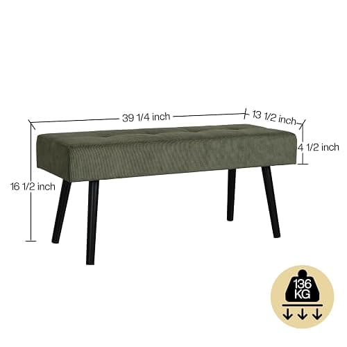 Comfy to go Entryway Bench - Green Bench for Bedroom, Modern Ottoman End of Bed, Corduroy Padded Benches for Living Room, Foyer, Mudroom, Hallway - 39" L x 14" W x 17" H thumbnail 2