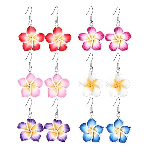 coadipress 6 Pairs Hawaiian Tropical Plumeria Rubra Drop Earrings for Women Bohemia Lovely Flower Luau Beach Dangle Earrings Summer Vacation Party Accessories Gifts - Image 1