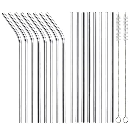 ANNVCHI 16 Pack of Reusable Stainless Steel Metal Straws, 8 Straight + 8 Bent 8.5 inch Metal Straws with 2 Cleaning Brushes, Straw Compatible with 20oz Stanley Cup - Image 1