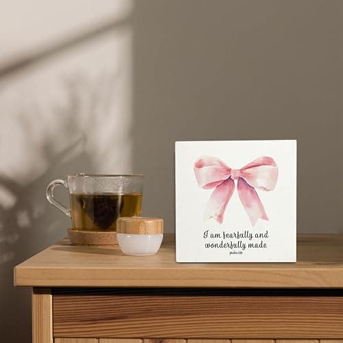 OVAcational Coquette Pink Christian Bow Wooden Signs,Coquette Room Decor,Christian Religious Wooden Box Sign,Pink Bow Room Decor For Girls Dorm Desk Shelf Tabletop Decoration 5x5 Inches thumbnail 5