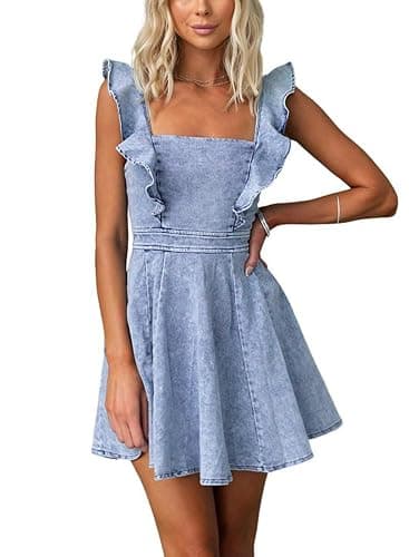 utcoco Denim Dress for Women Ruffle Adjustable Strap Sleeveless Backless Babydoll Mini Jean Dresses - Image 1