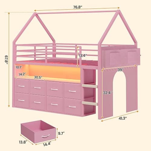 BTHFST Twin Size Loft Bed for Kids, 8 Storage Drawers & LED Lights, House Shaped Metal Bed with Bookcase, Soft Foam Ladder, 13.4" Safety Guardrail, Space Saving, Fun Curtain thumbnail 2