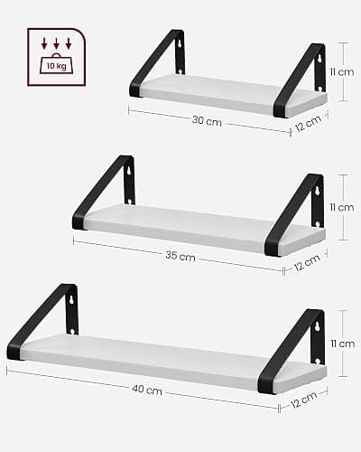 VASAGLE Wall Shelves, Floating Shelves Wall Mounted, Set of 3, 2 Mounting Ways, 30/35/40 cm, for Living Room, Bathroom, Kitchen, Cloud White and Matte Black LWS033B14 thumbnail 3