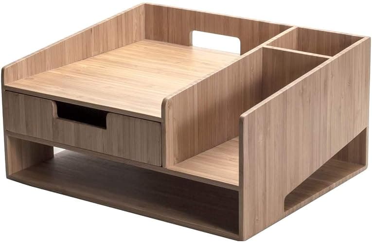 MobileVision Bamboo Telephone Stand With Drawer Paper Tray & Pencil Holder Storage Solution for office products pens scissors staplers notepads business cards & more - Bamboo Stand + Drawer + Tray thumbnail 4
