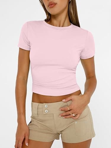 AUTOMET Women's Crew Neck Short Sleeve Summer Basic T-Shirt Stretchy Tight Fitted Soft Going Out Workout Gym Tops thumbnail 2