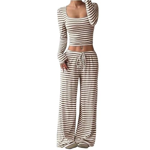 Nkgra Womens Striped 2 Piece Outfits Casual Square Neck Cropped Top Drawstring Wide Leg Pants Matching Pajamas Set thumbnail 3