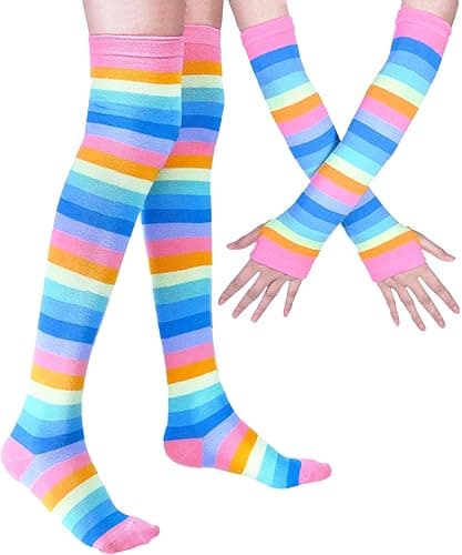 SherryDC Womens Girls Cosplay Rainbow Striped Knee High Socks Leg Arm Warmer Fingerless Gloves Set thumbnail 2