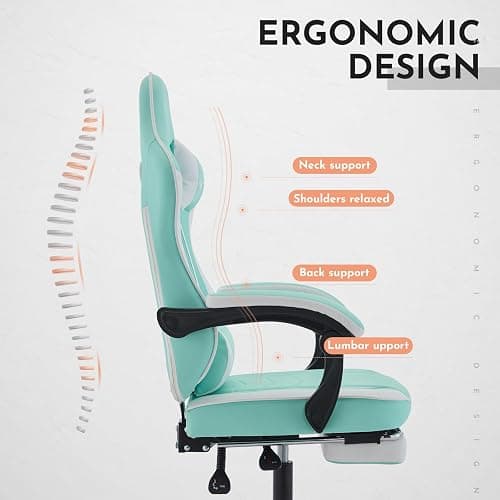 SUKIDA Gamers Choice Gaming Chair - Gaming Chairs for Adults 300lbs, Ergonomic Gamer Gamingchair with Footrest Cool Pc Computer Comfy Leather Swivel Recliner Adjustable Massage Lumbar, Green Blue thumbnail 4