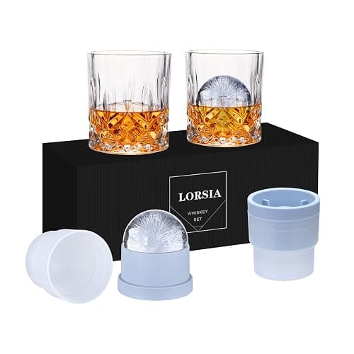 Whiskey Rocks Glass, Set of 4 (2 Crystal Bourbon Glasses, 2 Round Big Ice Ball Molds) In Gift Box - 10 Oz Old Fashioned Glasses for Scotch Cocktail Rum Cognac Vodka Liquor, Unique Gifts for Men - Image 1