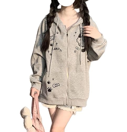 Dynict Womens Y2K Zip Up Cute Graphic Hoodies Cat Ears Casual Cartoon Harajuku Kawaii Clothes Oversize Streetwear Jacket - Image 1