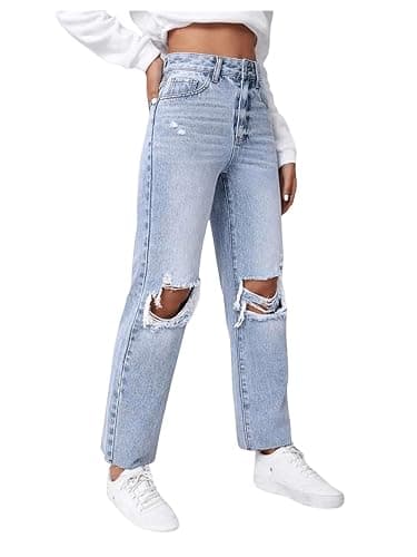 SweatyRocks Women's High Waist Ripped Distressed Cropped Jeans Straight Leg Denim Pants - Image 1