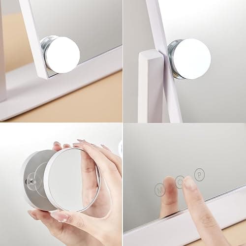 HIEEY Hollywood Vanity Mirror with 12 Dimmable Bulbs Lights, Three Color Lighting Modes, and 5X Magnification, Smart Touch Control, 360°Rotation (White,Gift Box) thumbnail 5