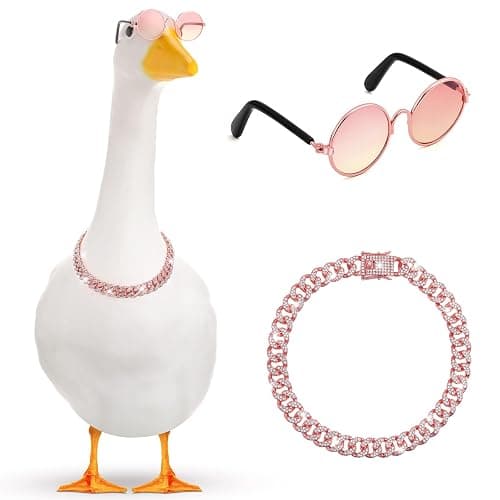 Shyyween Chain Collar and Sunglasses Porch Goose Outfits for Plastic Goose 23"/ 17'' Lawn Geese Statue Sunglasses Collar for Garden Geese Retro Pet Cosplay Party Yard(Pink,Rhinestone) - Image 1