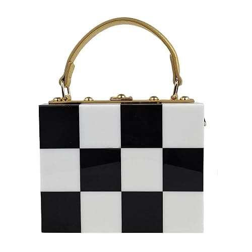 Black White Checkerboard Acrylic Clutch Purse Bag Women Box Evening Bags Acrylic Chain Crossbody Handbag(Stitching) thumbnail 2