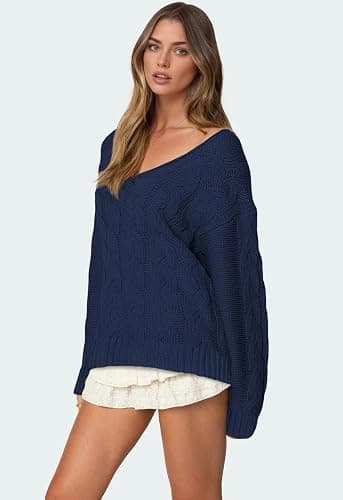 IWD Women's Oversized Sweaters Cable Knit V Neck Long Sleeve Pullover Sweater 2025 thumbnail 3