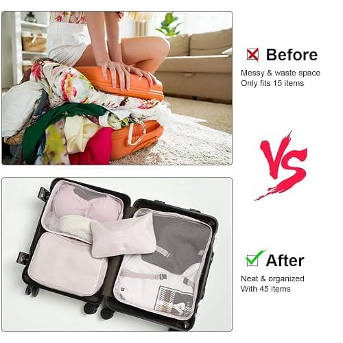 OSDUE Koffer Organizer Set 8-teilig, Packing Cubes, Wasserdichte Reise Kleidertaschen, Packtaschen für koffer, Verpackungswürfel mit Kosmetiktasche, Schuhbeutel, USB Kabel Tasche (Beige) thumbnail 4