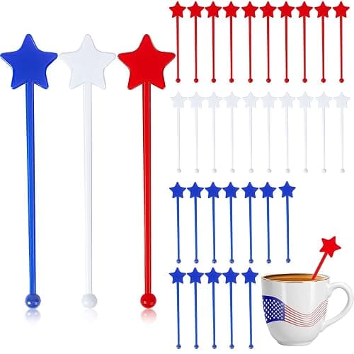 Jansun 36 Pcs 4th of July Patriotic Cocktail Stirrers, Red White and Blue Drink Stirrers Plastic Swizzle Sticks Reusable Coffee Stirrers Stir Sticks for Fourth of July Independence Day Party Supplies - Image 1
