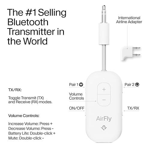 AirFly Pro 2 Deluxe – Bluetooth Adapter for Airplane, Pair 2 AirPods or Wireless Headphones – 3.5mm AUX Bluetooth Transmitter/Receiver for Cars, Boats, Treadmills, TVs – Airplane Travel Essentials thumbnail 2