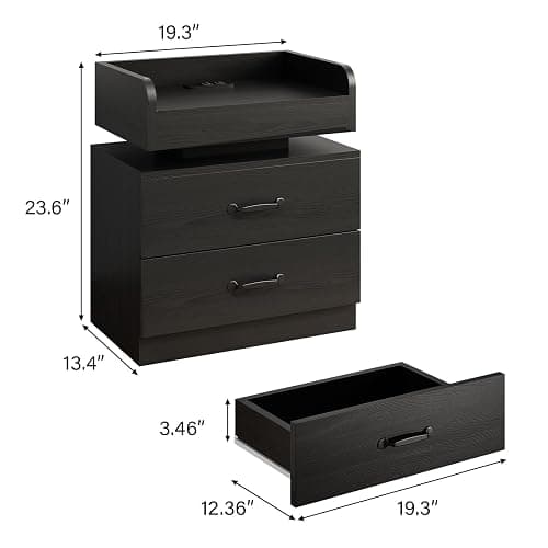 4ever2buy Black Nightstand with Charging Station and LED Lights | 2 Drawer Night Stand for Bedroom, Modern Bedside Tables End Table for Living Room thumbnail 2