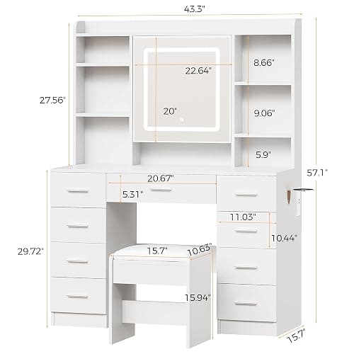BEWISHOME Vanity Desk with Mirror and Lights, Makeup Vanity Table with Power Outlet,Stool Vanity Table with 9 Drawers 6 Storage Shelves Jewelry Storage,Dressing Table for Bedroom Girls White FST36W thumbnail 2