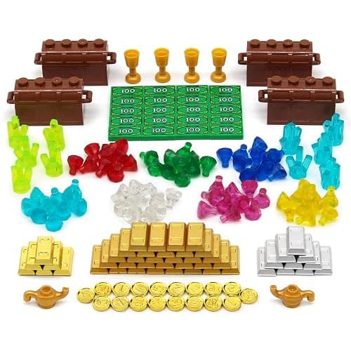 Feleph Treasure Accessories Money Building Blocks Set Jewel Chest, Gems Diamonds, Bullion Electroplated Gold Tile Silver Bar, Power Crystals, Coins, Goblet, 100 Dollar Bill Cash Toy Brick thumbnail 6