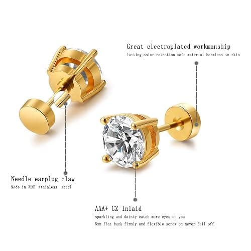 Kainier Women's 14K Gold Plated CZ Stud Earrings Simulated Diamond Round Cubic Zirconia Ear Stud Set（5 Pairs)… thumbnail 6