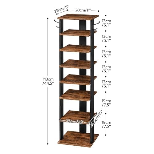 HOOBRO 8 Tiers Vertical Shoe Rack, Wooden Shoe Storage Organizer with Hooks, Narrow Shoe Tower for 8 Pairs, Space Saving, for Entryway, Living Room, Bedroom, Rustic Brown BF07XJ01G1 thumbnail 6