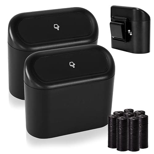 Ginsco 2 Pack Mini Car Trash Can with Lid, Small Garbage Can, Cute Leakproof ABS Trash Bin, Car Accessories for Interior, Garbage Bin for Home, Office with 120pcs Trash Bags Black - Image 1