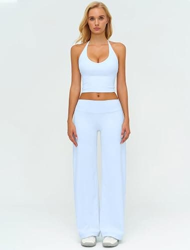 QBGJTD Womens Workout Sets Two Piece Spaghetti Straps Crop Top Matching Straight Leg Pants Gym Work Pilates Outfits thumbnail 5