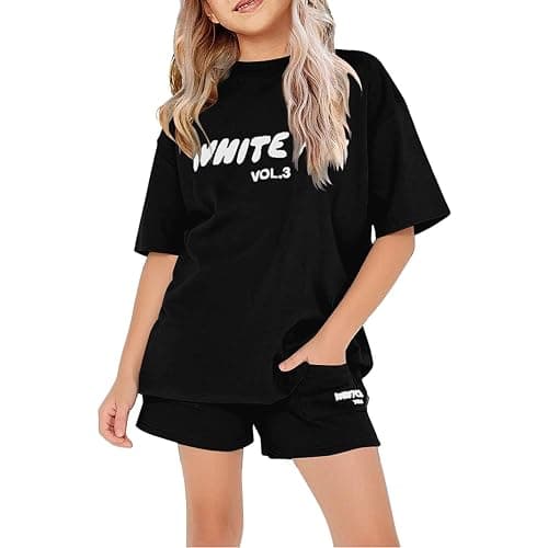 Girls Tracksuit Set Kids Trendy T-Shirt + Shorts 2 Piece Outfit Summer Fashion Short Sleeve White F0x Letter Print Tops with Loose Jogger Shorts Y2k Activewear Casual Sweatshirt Gym Set UK thumbnail 4