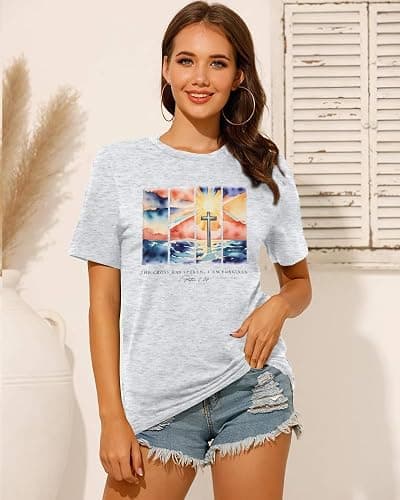 ASTANFY Christian Graphic Tees for Women: Jesus Shirt Criss Cross Tops Faith Tshirts Christian Casual Short Sleeve Shirts - B02 - Medium thumbnail 2