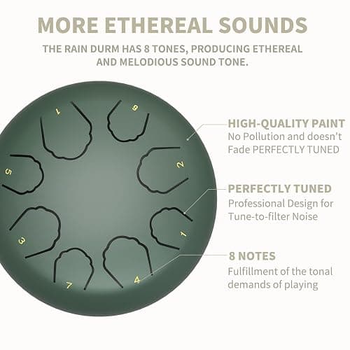Professional Steel Tongue Drum for Adults & Kids - 6 inch Hand Percussion Instrument Rain Drum with 8 Notes for Yoga, Meditation, Music Therapy & Concerts Play (Green, 6 Inch) thumbnail 3