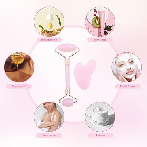 VEGCOO Rose Quartz Face Roller Gua Sha Set, Pink Jade Roller for Women, Gua Sha Stone Massage Tool for Skincare, Facial, Neck and Body Muscle Relaxing thumbnail 6