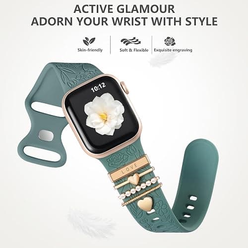 DaQin Flower Engraved Band Compatible with Apple Watch Bands for Women 40mm 38mm 41mm 42mm, Soft Silicone Strap With Dressy Decorative Apple Watch Charms for iWatch Series 11 10 9 8 7 6 5 4 3 2 1 SE thumbnail 5