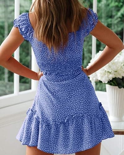YOBECHO Womens Summer Ruffle Sleeve Sweetheart Neckline Printing Dress Mini Dresses thumbnail 3
