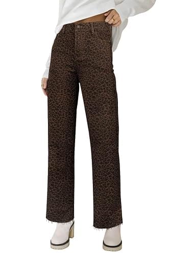 KDF Straight Leg Jeans for Women High Waisted Jeans Frayed Baggy Pants Raw Hem Loose Stretchy Cropped Wide Leg Jeans - Image 1