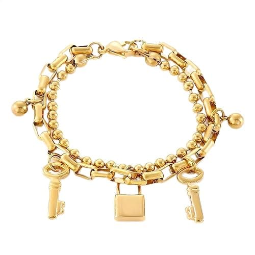 14k Yellow Gold Locking Bracelet With Key For Women, Key Lock Bracelets Joyas De Beads Chain Charm Bracelets, Lock Bracelet And Key Jewelry For Couples - Image 1