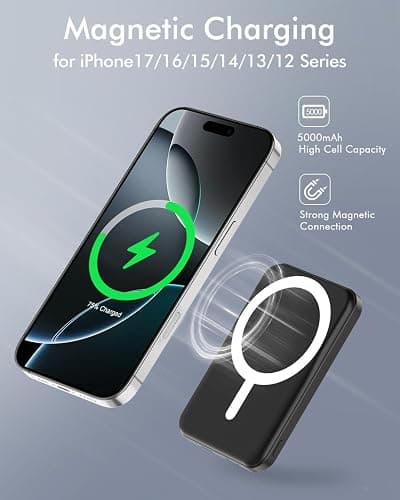 podoru for Magsafe Battery Pack, 5000mAh Magnetic Power Bank with Type-C Cable 20W PD Fast Charging Lighting Input Wireless Portable Charger for iPhone 17/16/15/14/13/12/ All Series-Black thumbnail 3