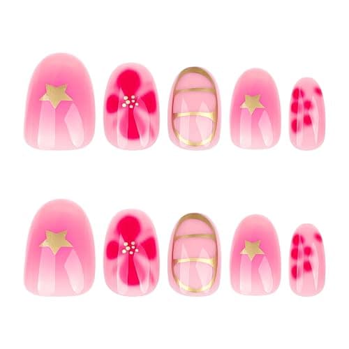 Stbisen Pink Press On Nails Short Oval, Summer Fall Fake Nails Featuring Petal Designs and Gold Detailing, Glossy Gel Finish Acrylic Nails, Thick Reusable Glue On Nails Kit for Women, Gilded Blossom thumbnail 4