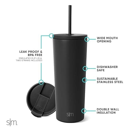 Simple Modern Insulated Tumbler with Lid and Straw | Iced Coffee Cup Reusable Stainless Steel Water Bottle Travel Mug | Gifts for Women Men Her Him | Classic Collection | 24oz | Midnight Black thumbnail 3