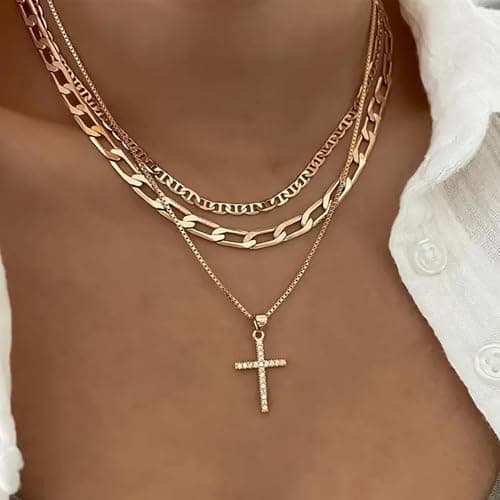 Cross Necklace for Women,Stackable Stacked Stacking Layering Layered Necklaces Dainty Gold Necklace Paperclip Box Flat Mariner Chain Necklace Cross Pendant CZ Diamond Simple Jewelry Gift thumbnail 2