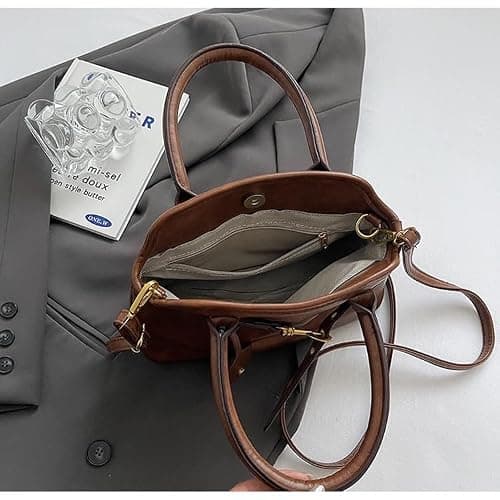 Base'ic Women’s Vintage Style Vegan Leather Crossbody Bag – Multi-Compartment Tote with Adjustable Strap & Belt Detail thumbnail 8