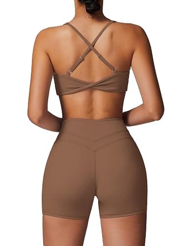 ABOCIW Workout Sets for Women 2 Piece V Neck Twist Back Sports Bra High Waist Biker Shorts Yoga Outfits - Image 1