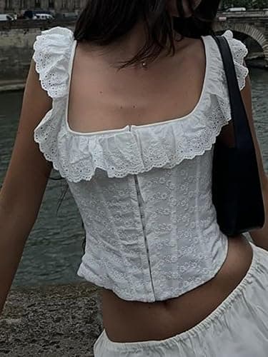 White Corset Top Lace Push Up Bustier Corset Tie Up Tanks Top | Women Y2K Cute Corset Top, Square Neck, Slim Fit, Off Shouler, Bustier Shapewear Lingerie, Eyelet Top, Bandage Crop Top thumbnail 2