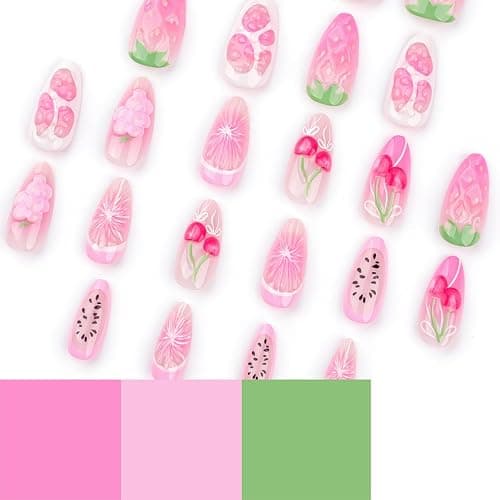 24Pcs Summer Fruit Press on Nails Almond Long Fake Nails with 3D Cherry Strawberry Designs Glossy Pink False Nails Summer Glue on Nails Full Cover Acrylic Stick on Nails for Women Girls DIY Decoration thumbnail 3