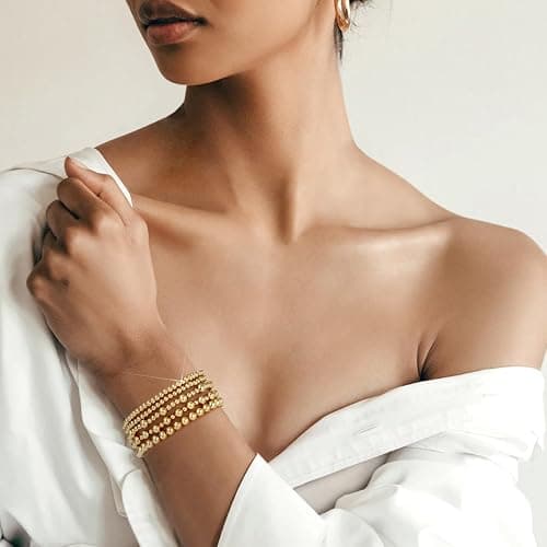 adoyi Gold Bracelets for Women Waterproof, 14K Gold Plated Beaded Strand Bead Ball Bracelets stack Adjustable Jewelry Set for Gifts thumbnail 4