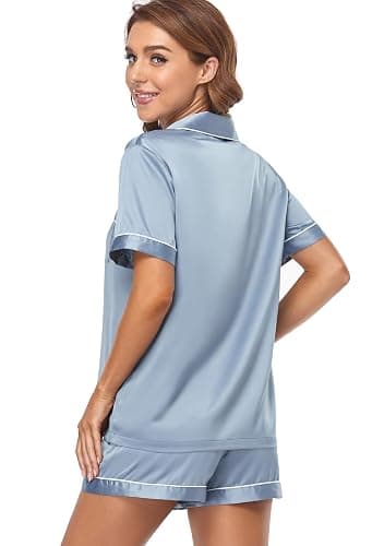 Serenedelicacy Women's Satin Pajama Set 2-Piece Sleepwear Loungewear Button Down Short Sleeve Silky PJ Set thumbnail 2
